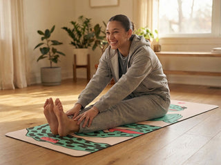 Young girl is smiling while stretching her legs on a yoga mat in a livingroom